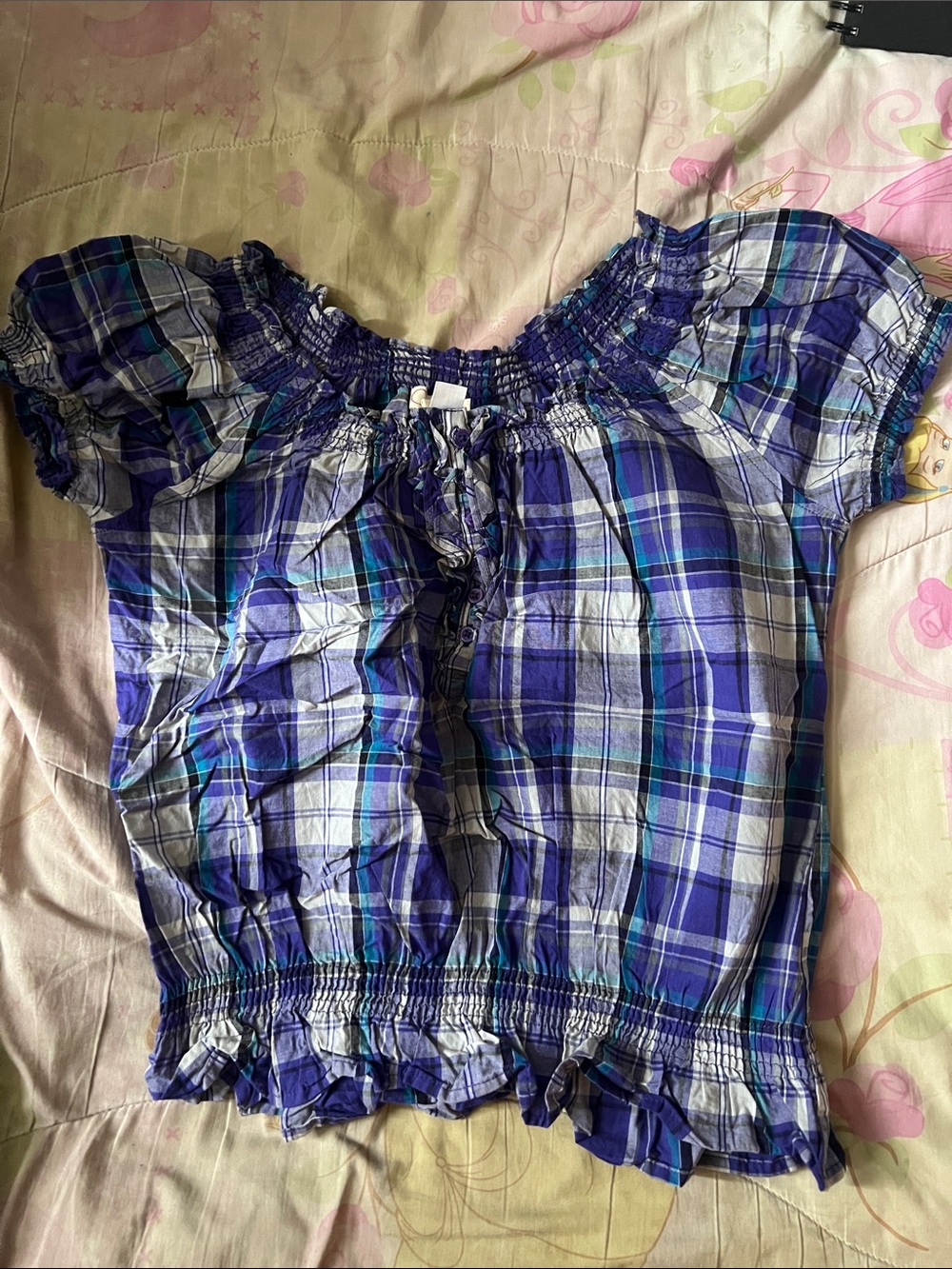 Justice Purple Plaid Smocked Short Sleeve Top